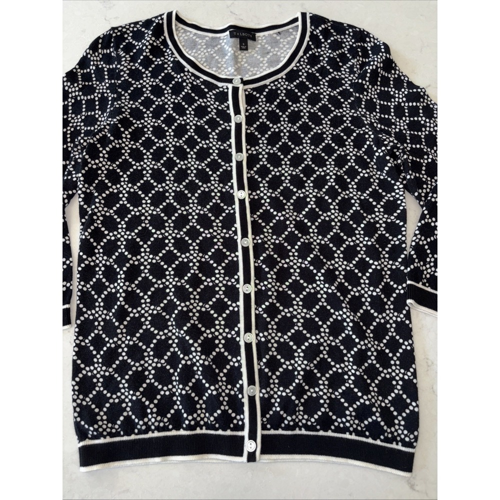 Talbots Button-Up Cardigan‎ Sweater Cotton Blend Small 3/4 Sleeves Black White